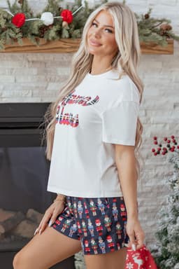 image-Pink Mama Claus Plaid Letter Tee Nutcracker Shorts 2pcs Lounge Set