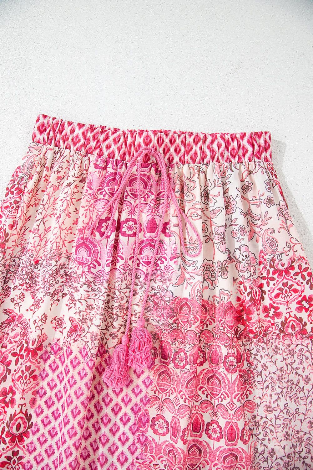 image-Red Boho Maxi Skirt - Tassel Drawstring Waist