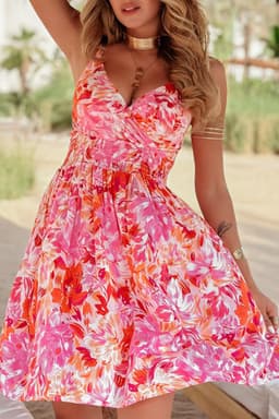 image-Red Floral Spaghetti Strap Surplice Neck Shirred Waist Mini Dress