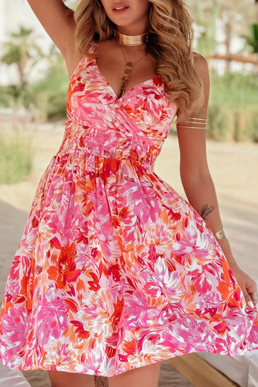 image-Red Floral Spaghetti Strap Surplice Neck Shirred Waist Mini Dress