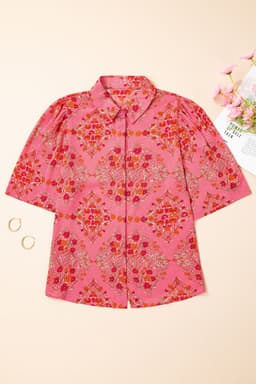 image-Rose Red Floral Print Shirt - Wide Short Sleeve Loose