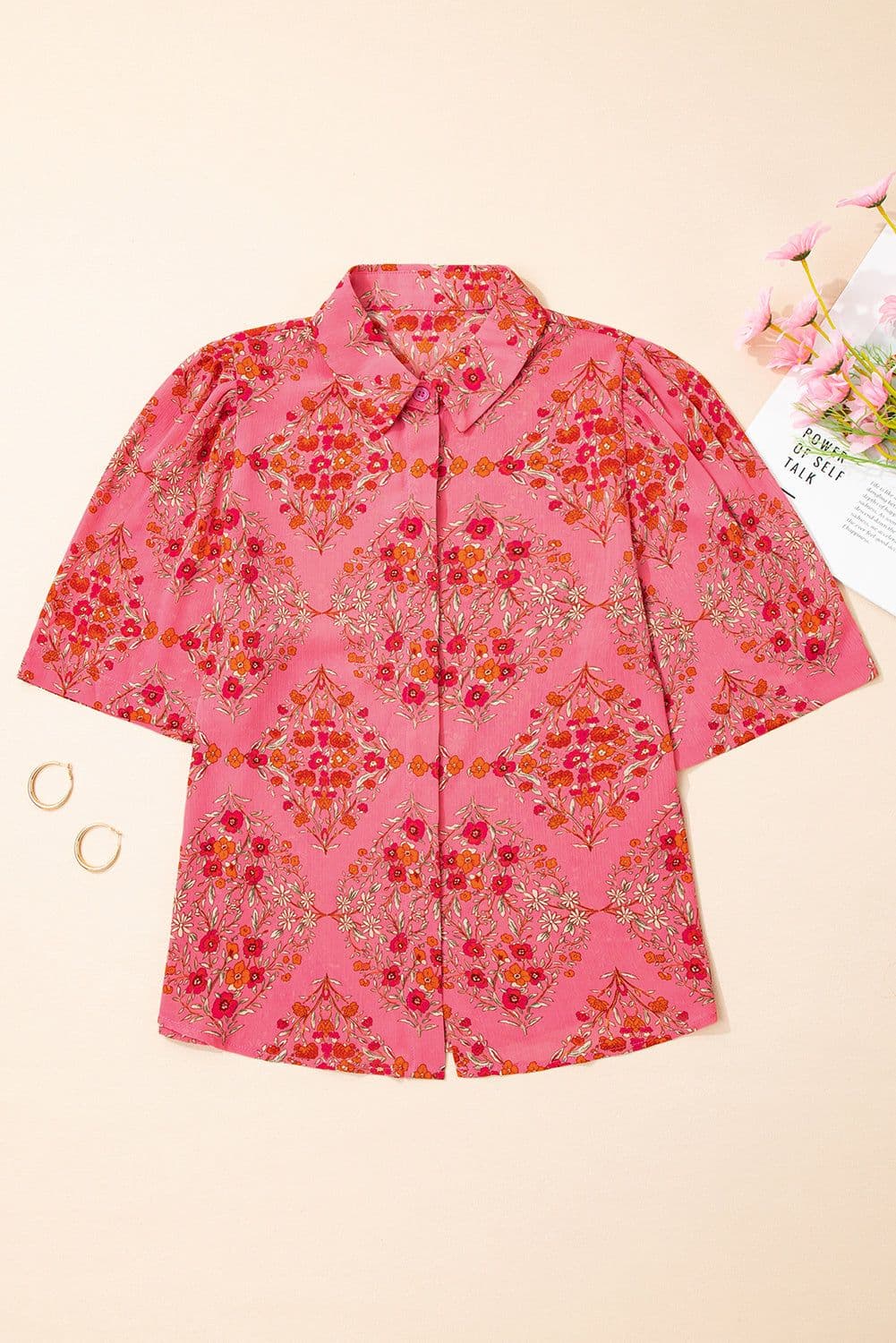image-Rose Red Floral Print Shirt - Wide Short Sleeve Loose