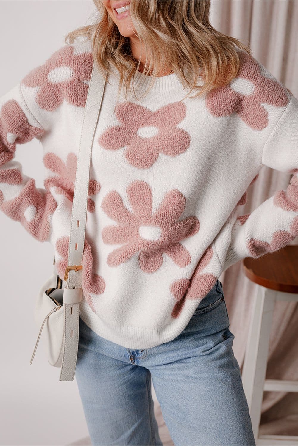 image-White Textured Flower Drop Shoulder Loose Sweater