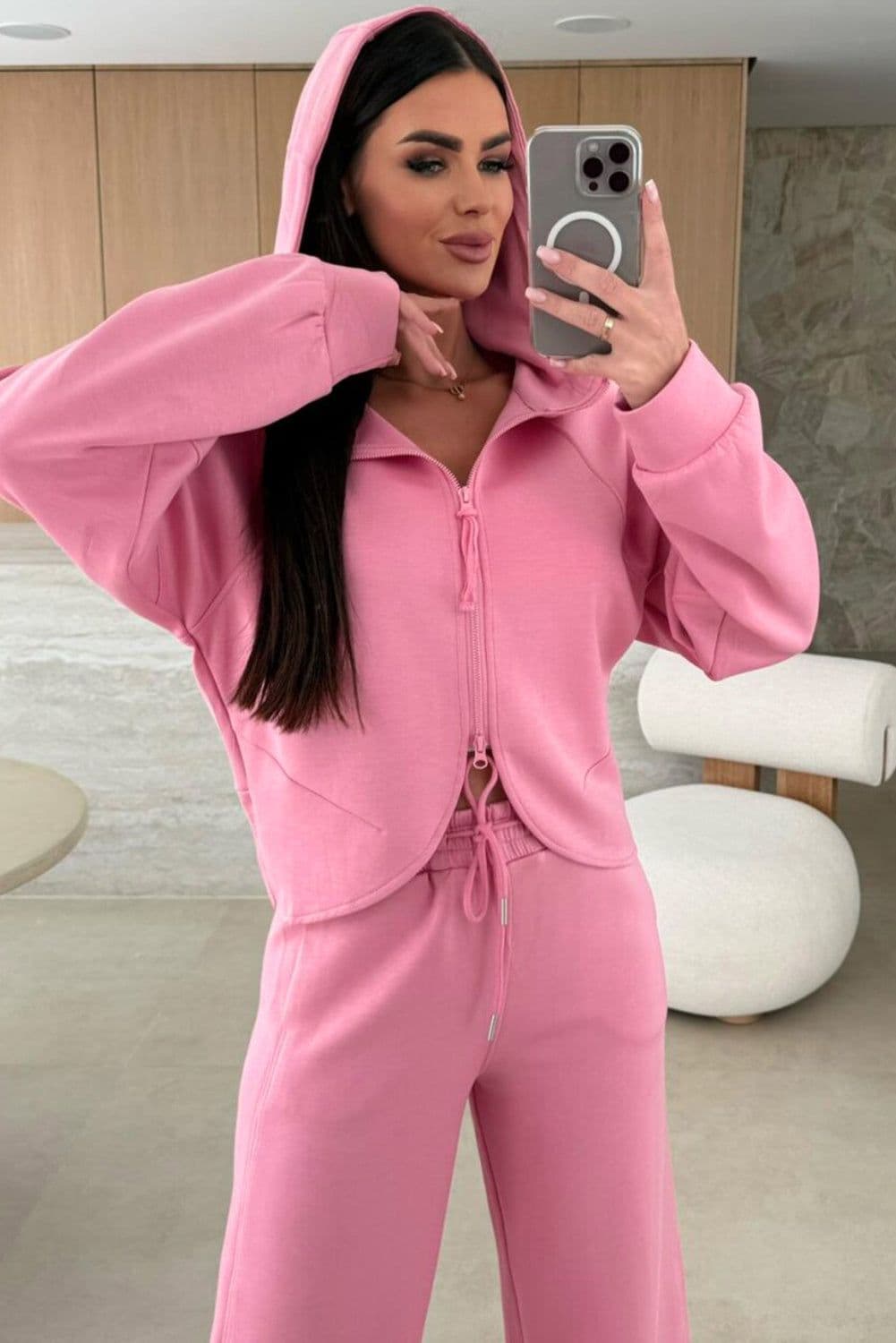 image-Pink Solid Color Zip Up Hoodie Drawstring Loose Pants Set
