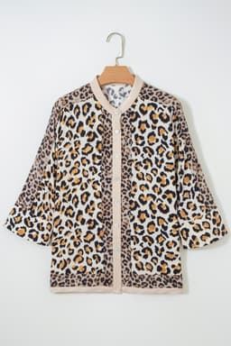 image-Khaki Mixed Leopard Patchwork 3/4 Sleeve Loose Shirt