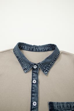 image-Ribbed Knit Denim Patchwork Polo Collar Dress - Beige Short Sleeve Casual Dress