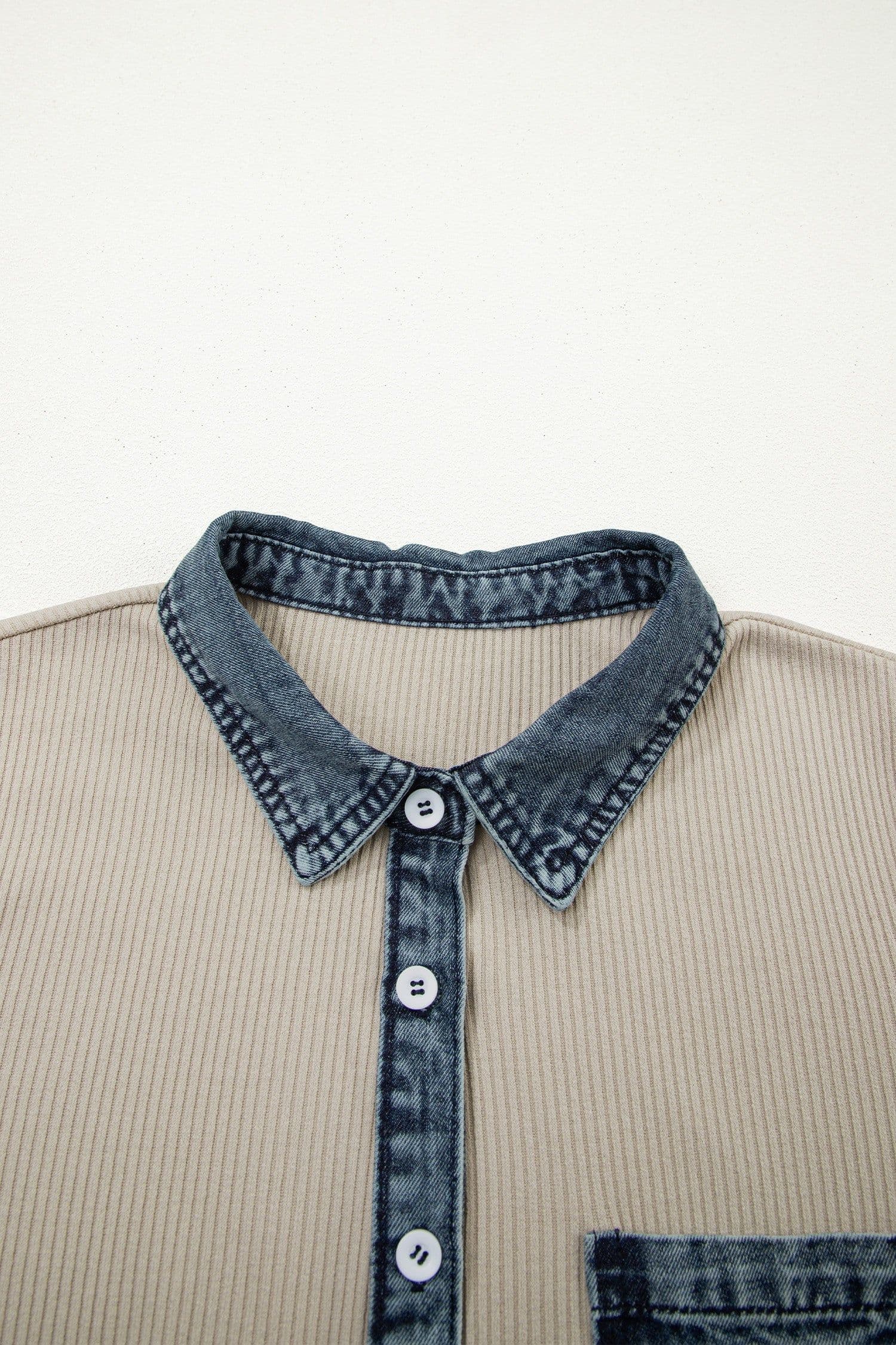 image-Ribbed Knit Denim Patchwork Polo Collar Dress - Beige Short Sleeve Casual Dress