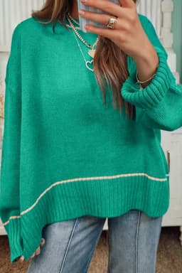 image-Sea Green Contrast Detail Drop Shoulder Baggy Sweater