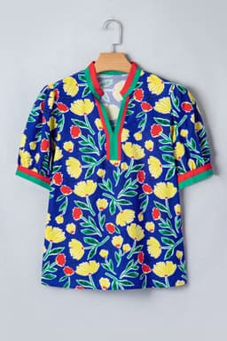 image-Blue Wild Floral Printed Contrast Striped Patchwork V Neck Short Sleeve Blouse