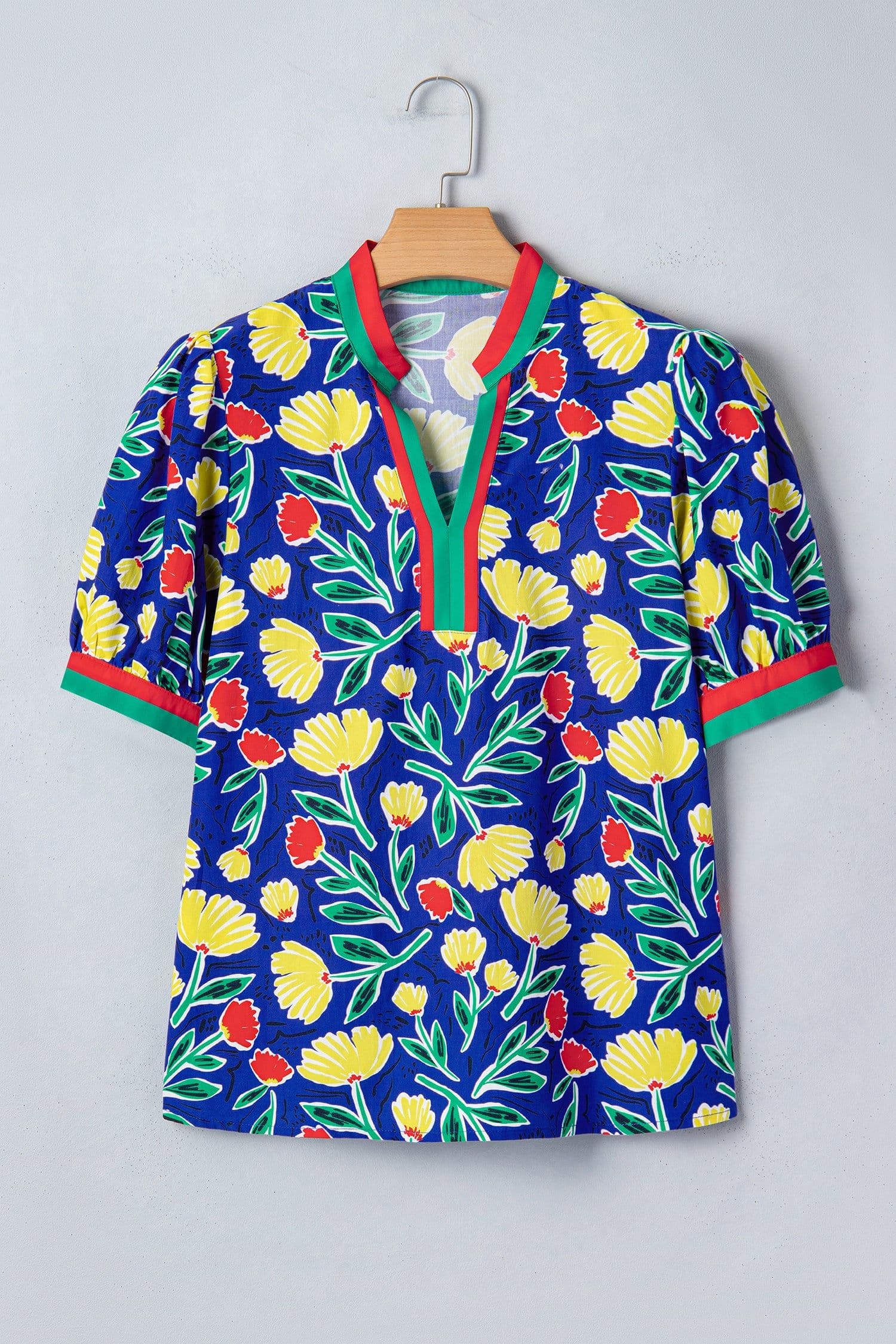 image-Blue Wild Floral Printed Contrast Striped Patchwork V Neck Short Sleeve Blouse