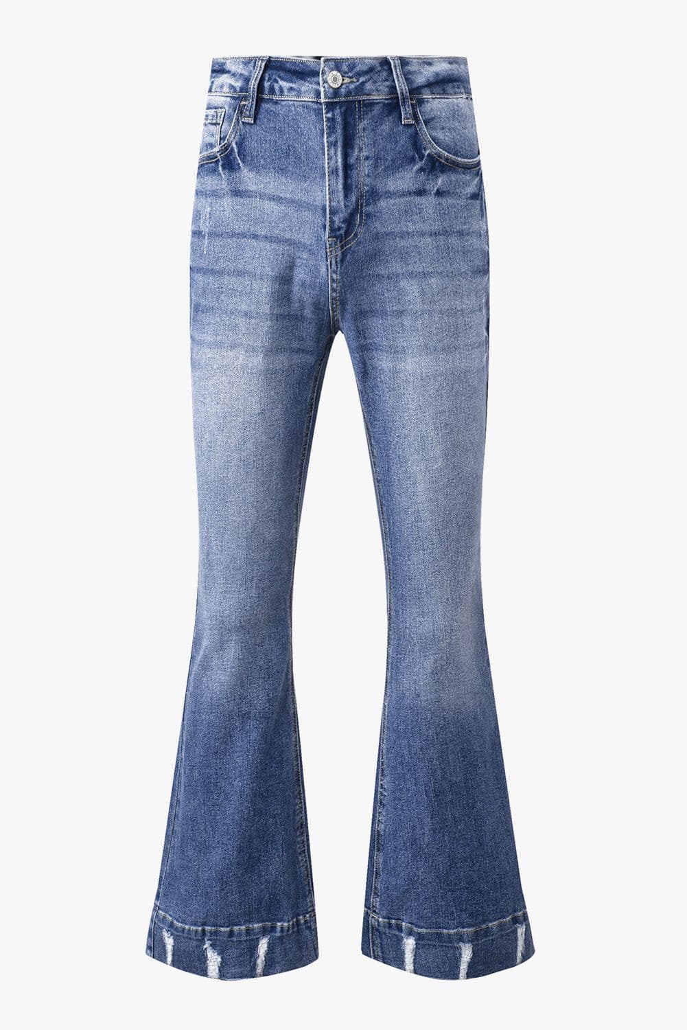 image-Sky Blue Distressed Medium Wash Flare Jeans (65 characters)