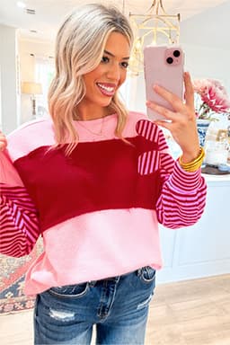 image-Floral Patch Textured Top - Striped Sleeves, Pink, Sizes S-XL