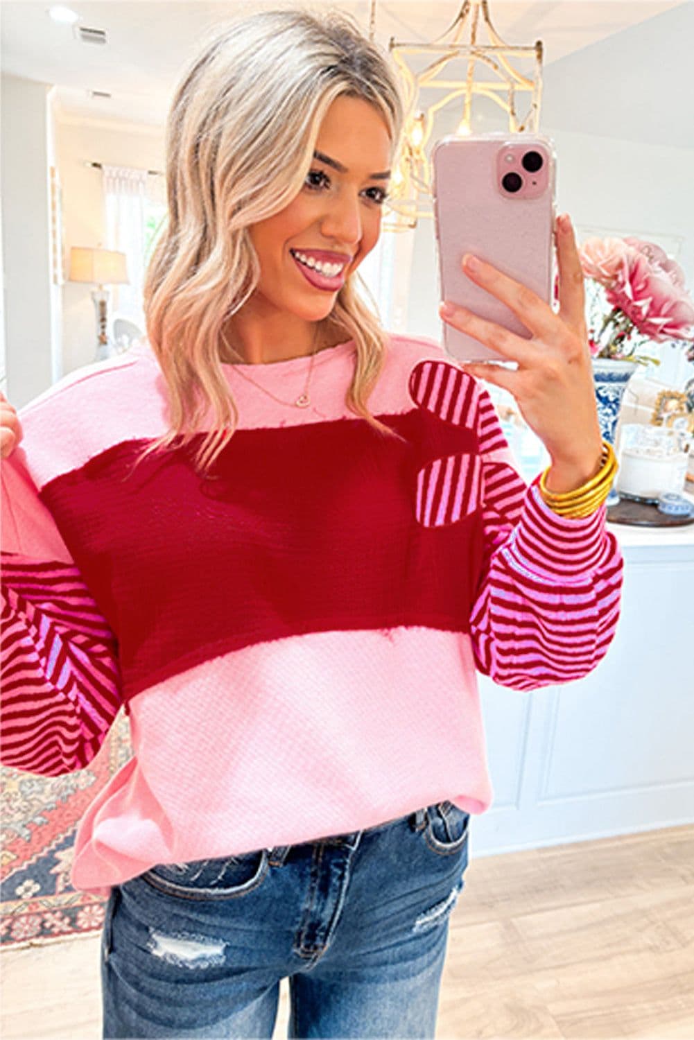 image-Floral Patch Textured Top - Striped Sleeves, Pink, Sizes S-XL