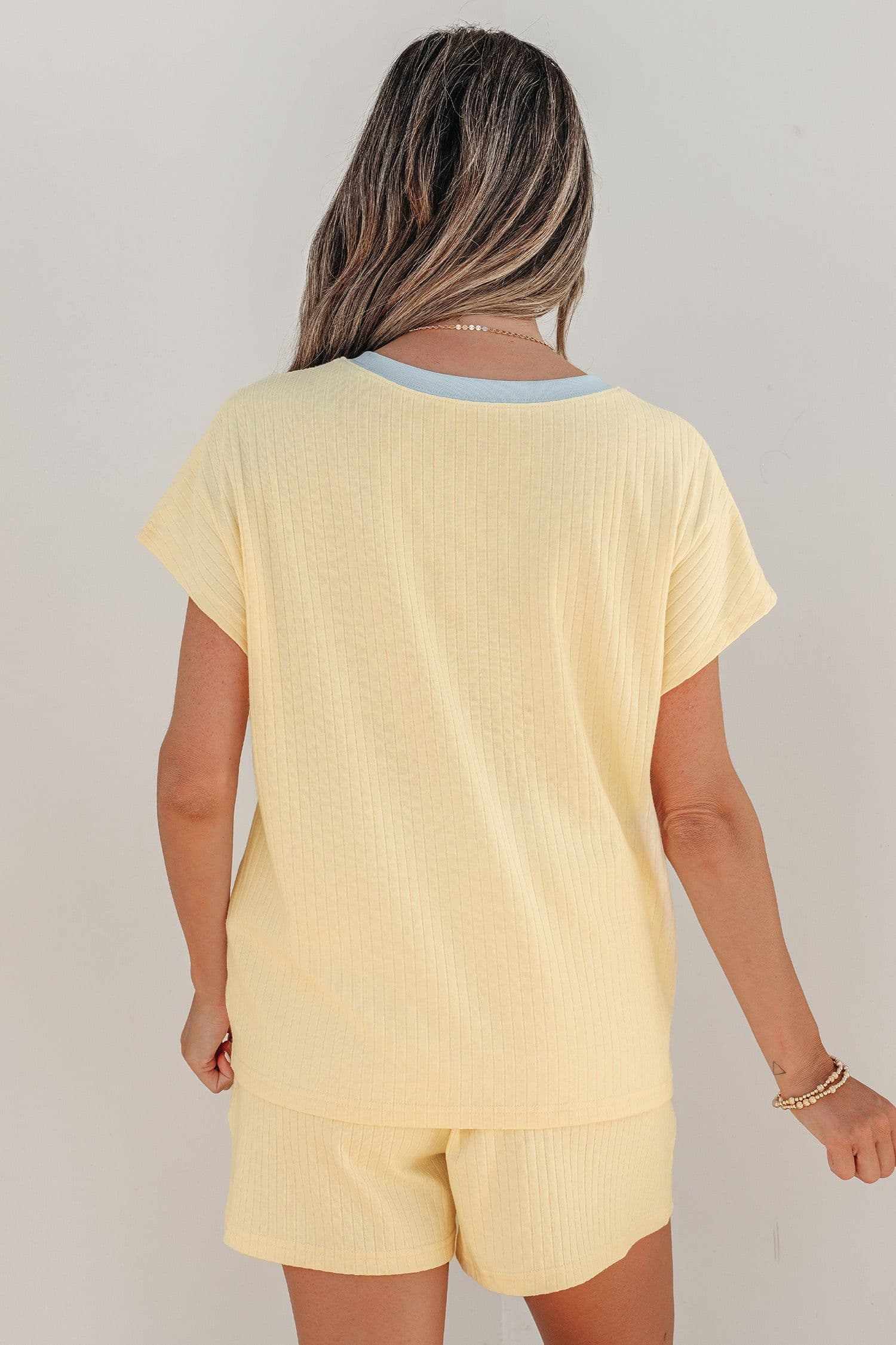 image-Aqua Soft Ribbed Color Block Trim Casual Shorts Set