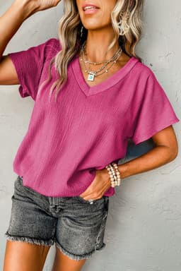 image-Blue Sapphire Crinkled V Neck T-shirt - Women's Fashion