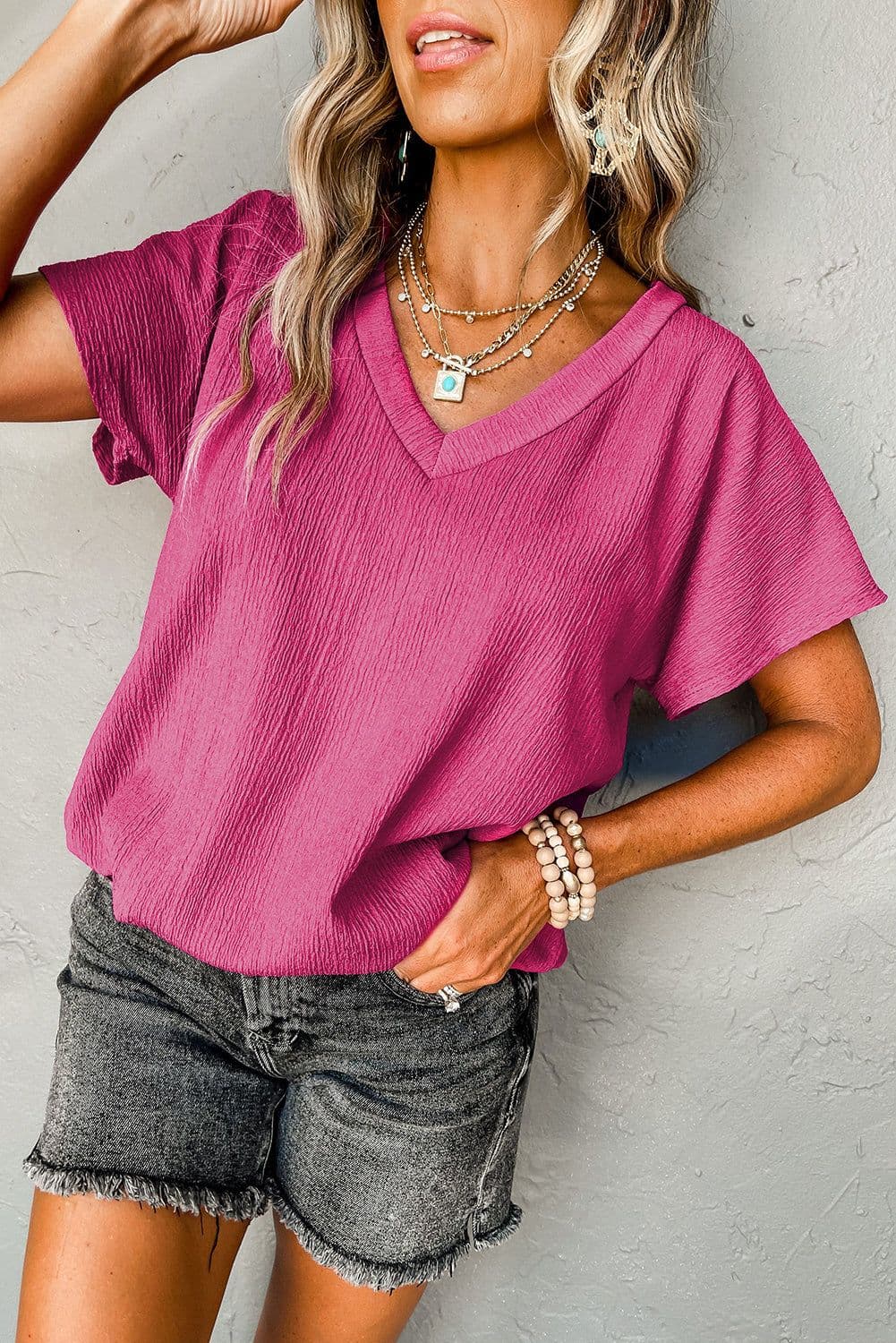 image-Blue Sapphire Crinkled V Neck T-shirt - Women's Fashion