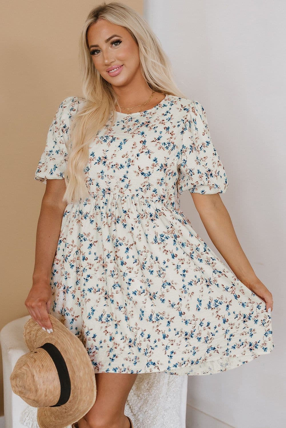 image-Beige Floral Puff Short Sleeve Empire Waist Mini Dress