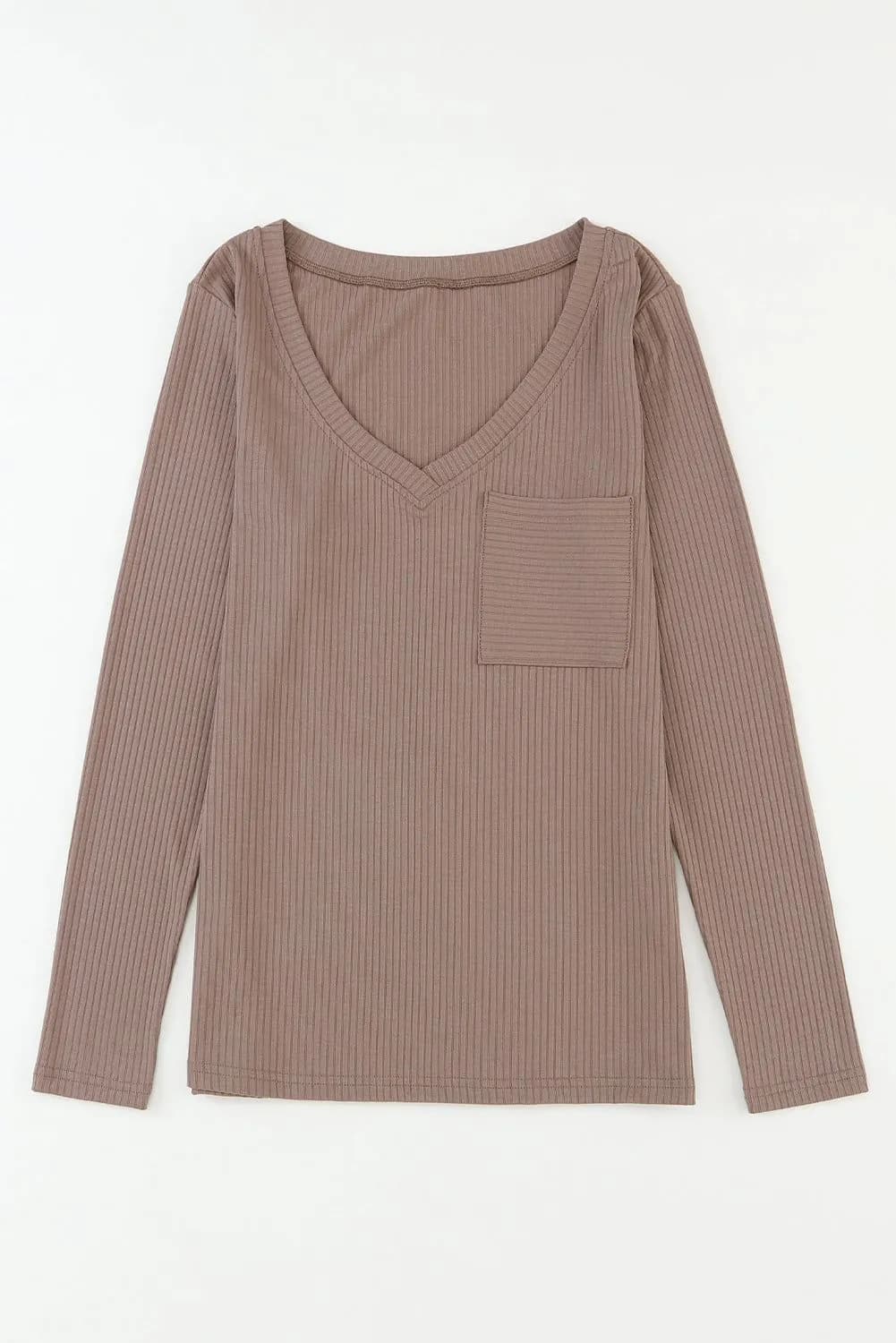 image-Khaki Ribbed Knit V Neck Top Chest Pocket