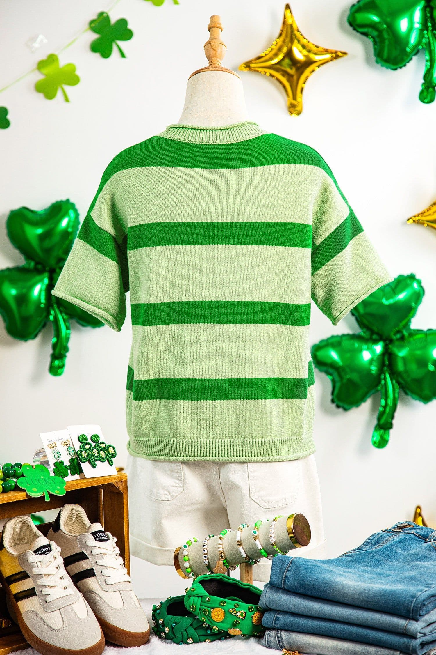 image-Green Stripe Oh for Lucks Sake St Patricks Day Short Sleeve Sweater