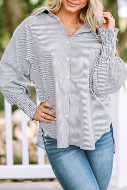 image-Sky Blue Striped Boyfriend Shirt with Pocket - Smocked Cuffs