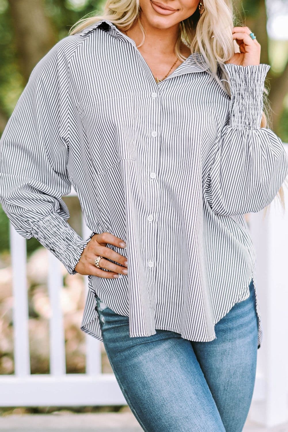 image-Sky Blue Striped Boyfriend Shirt with Pocket - Smocked Cuffs