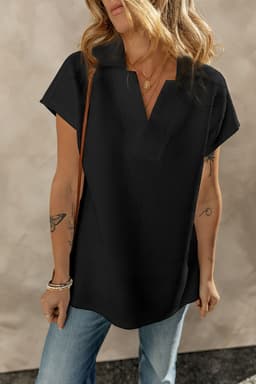 image-White Textured V Neck Collared Short Sleeve Top