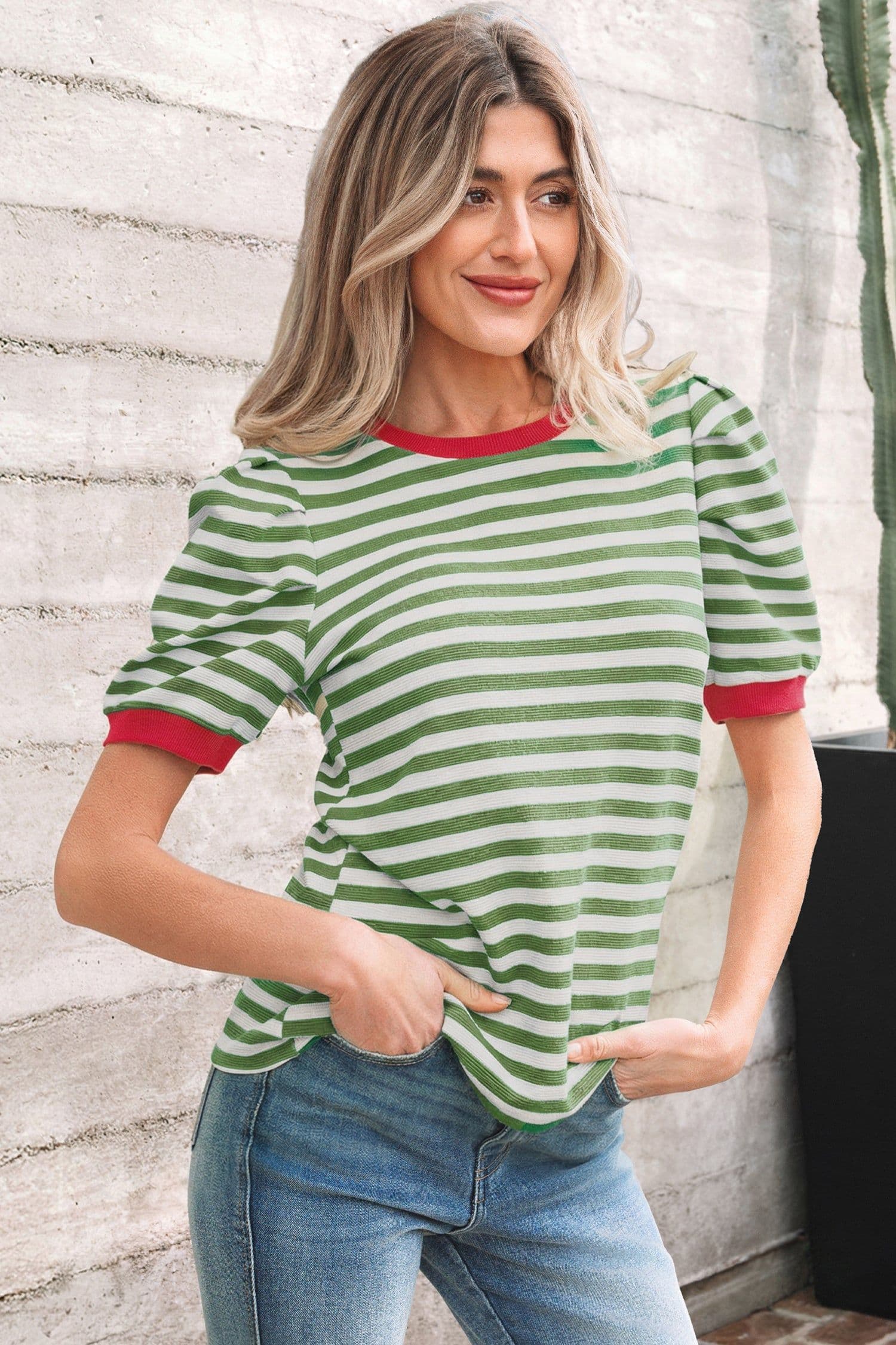 image-Brown Stripe Puff Sleeve T-Shirt - Round Neck