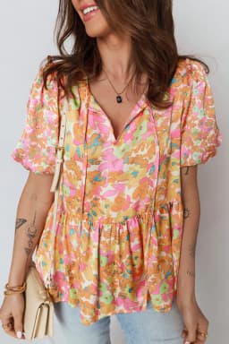 image-Orange Split V Neck Short Sleeve Flower Blouse