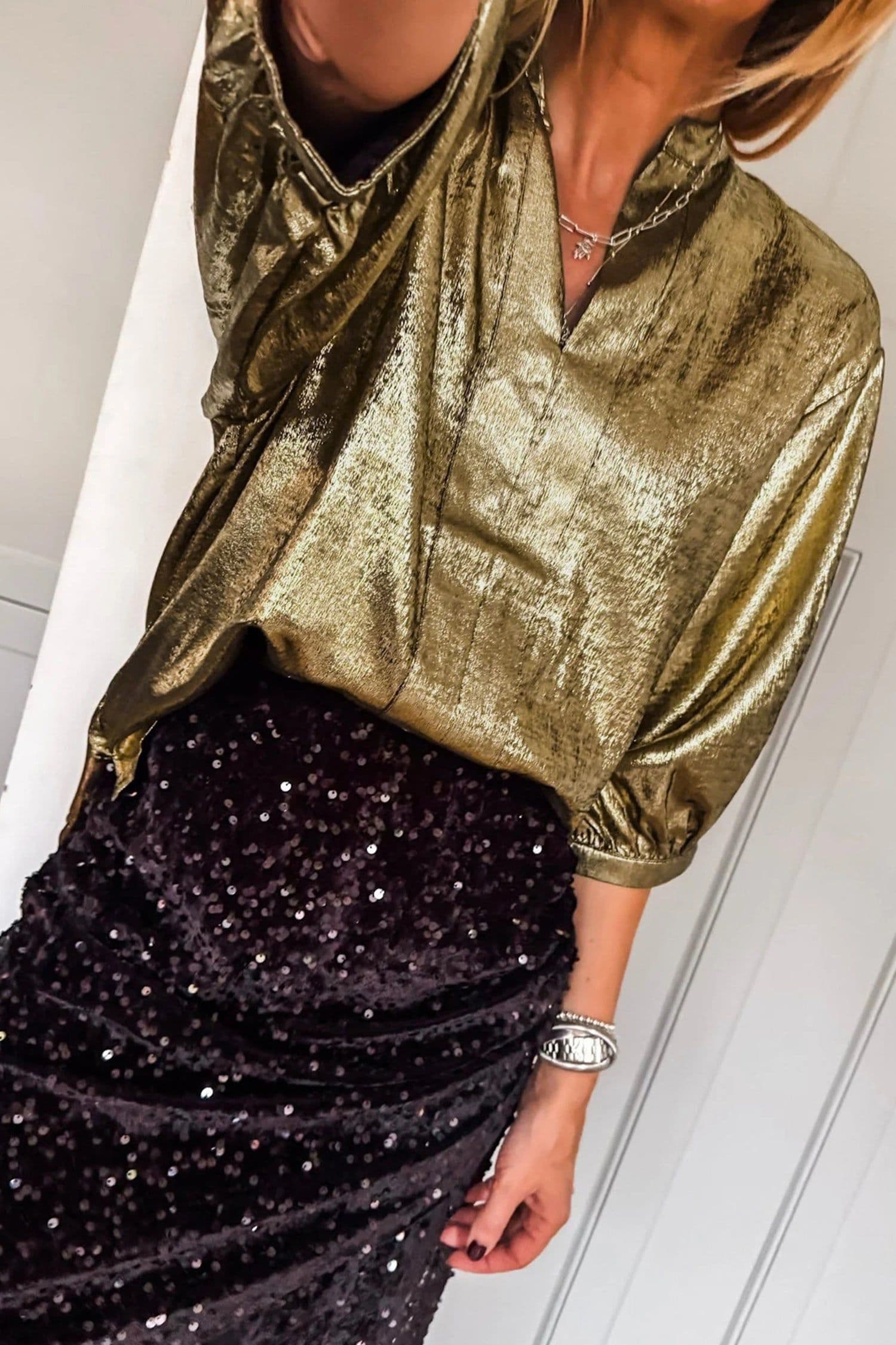 image-Gold Metallic Split Neck Half Sleeve Blouse