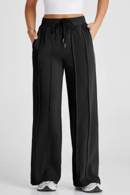 image-Black Seamed Drawstring High Waist Wide Leg Sweatpants