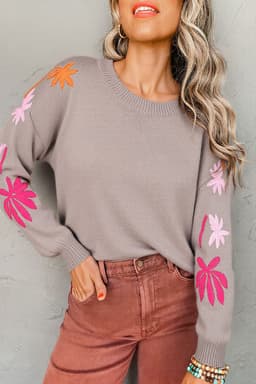 image-Beige Embroidered Floral Sleeve Round Neck Sweater