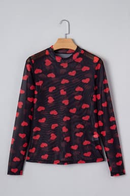 image-Black Valentines Heart Printed Sheer Mesh Long Sleeve Top