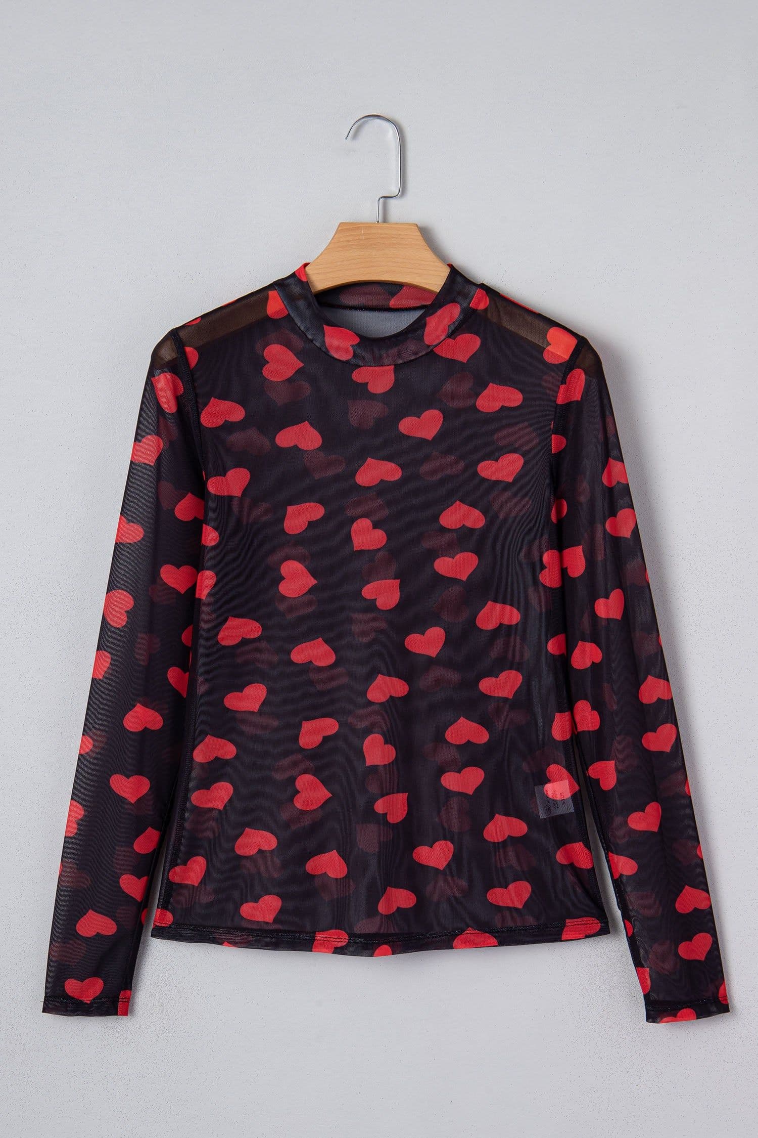 image-Black Valentines Heart Printed Sheer Mesh Long Sleeve Top