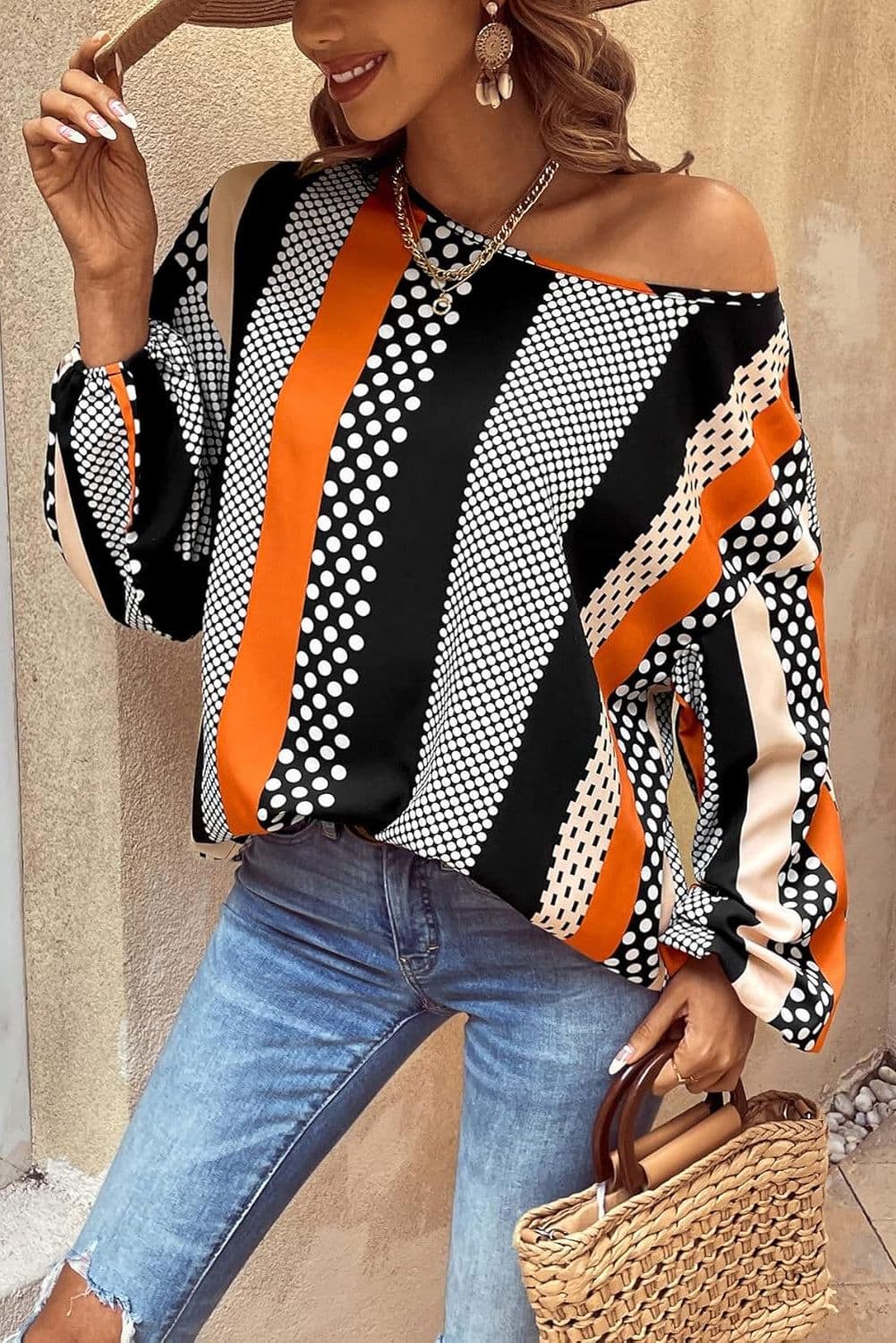 image-Orange Polka Dot Puff Sleeve Blouse - Stylish Vertical Stripes