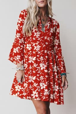 image-Sky Blue Boho Floral Print Mini Dress 3/4 Sleeve