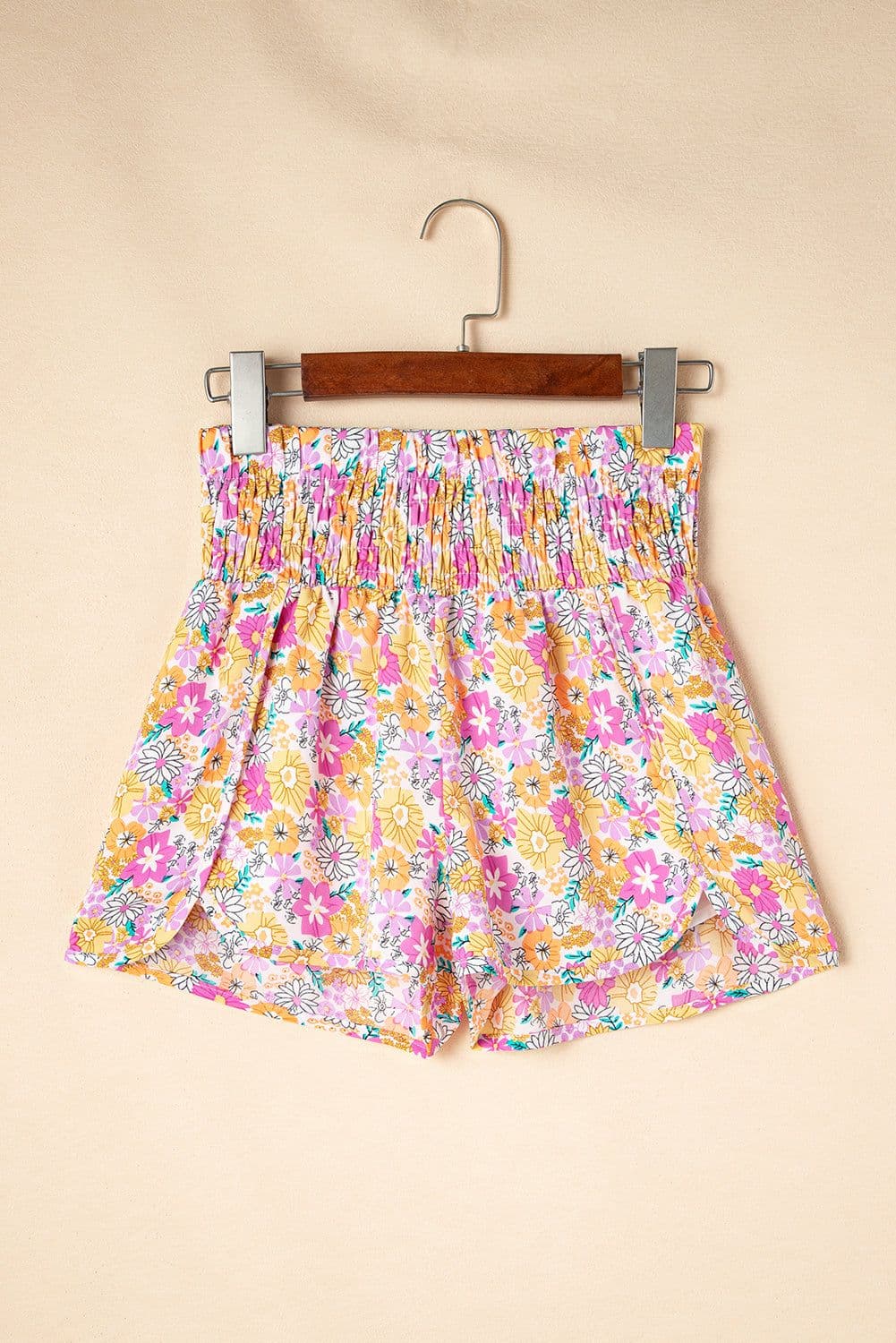 image-Pink Boho Floral Shirred High Waist Shorts