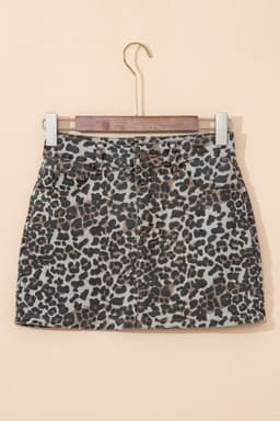 image-Khaki Leopard Denim Mini Skirt