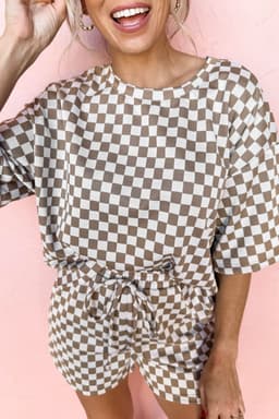 image-Black Checkered 2-Piece Set - Loose Tee and Shorts Casual Outfits