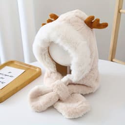 image-Cute Deer Hat Women Plush Rabbit Ear Funny Lolita Sweet Kawaii Winter Fluffy Fleece Warm Hat Plush Winter Thickened Cute Antlers Baby Hat With Scarf For 5-10 Y Children