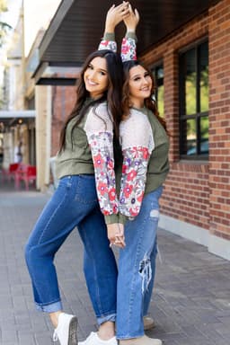 image-Laurel Green Floral Patchwork Long Sleeve Ribbed Blouse