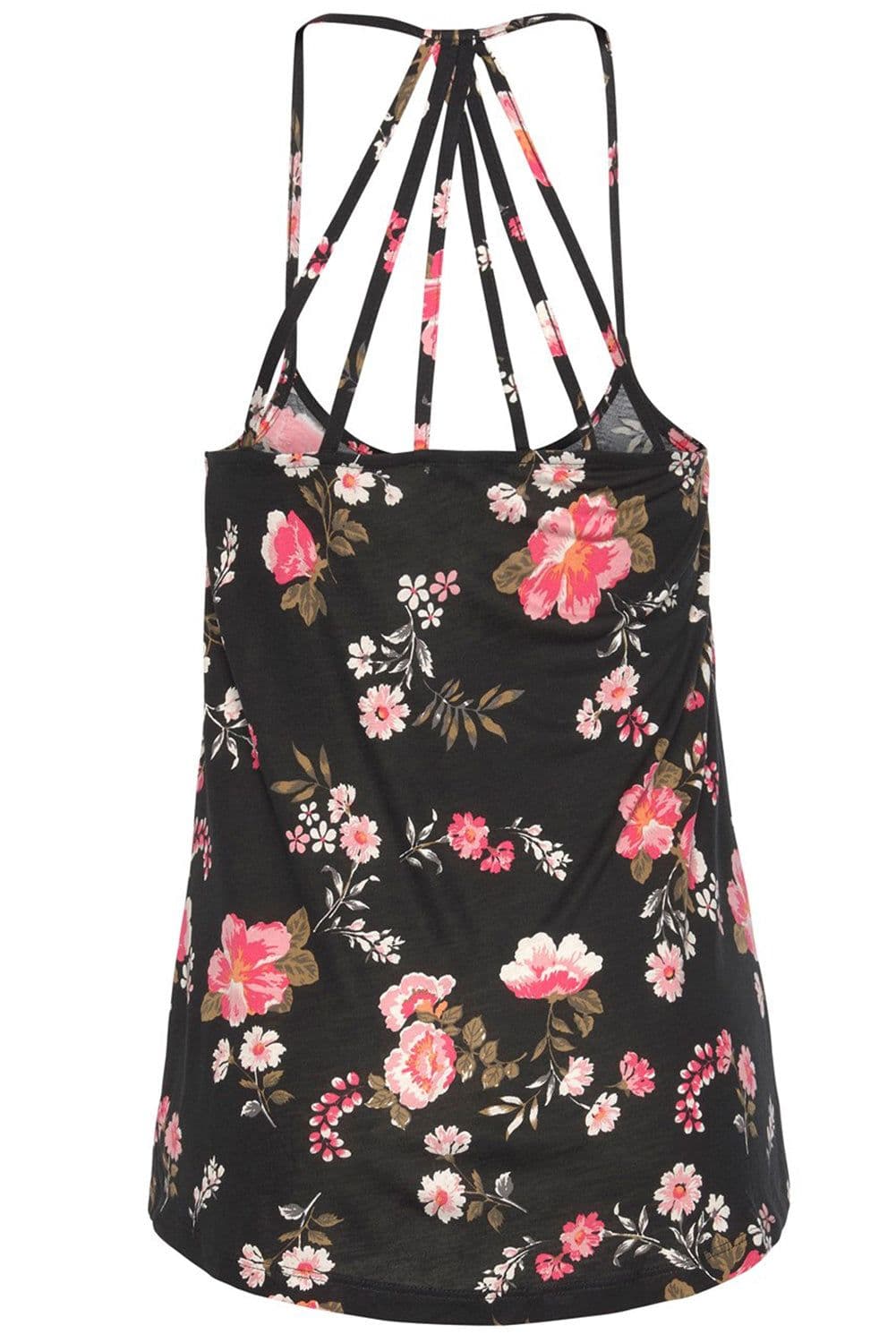image-Black Floral Spaghetti Straps Strappy Back Tank Top