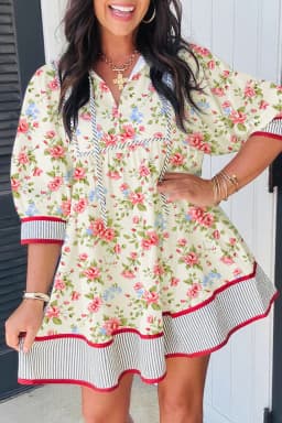 image-Apricot Striped Edge 3/4 Puff Sleeve Floral Dress