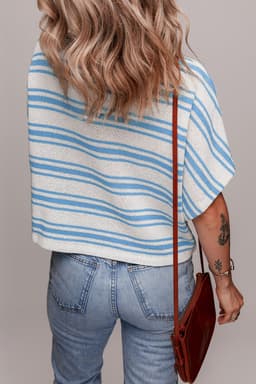 image-Sky Blue Stripe Boxy Fit Wide Sleeve Sweater