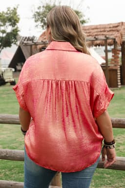 image-Rose Red Plus Size Metallic Sheen Button Up Shirt