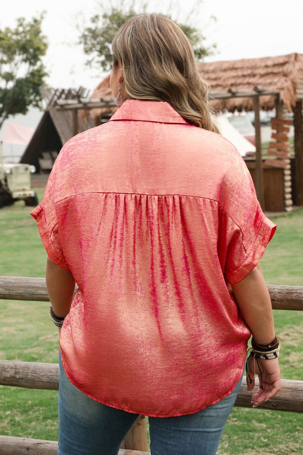 image-Rose Red Plus Size Metallic Sheen Button Up Shirt