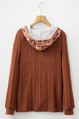 image-Chestnut Plaid Patchwork Ribbed Knit Hooded Top