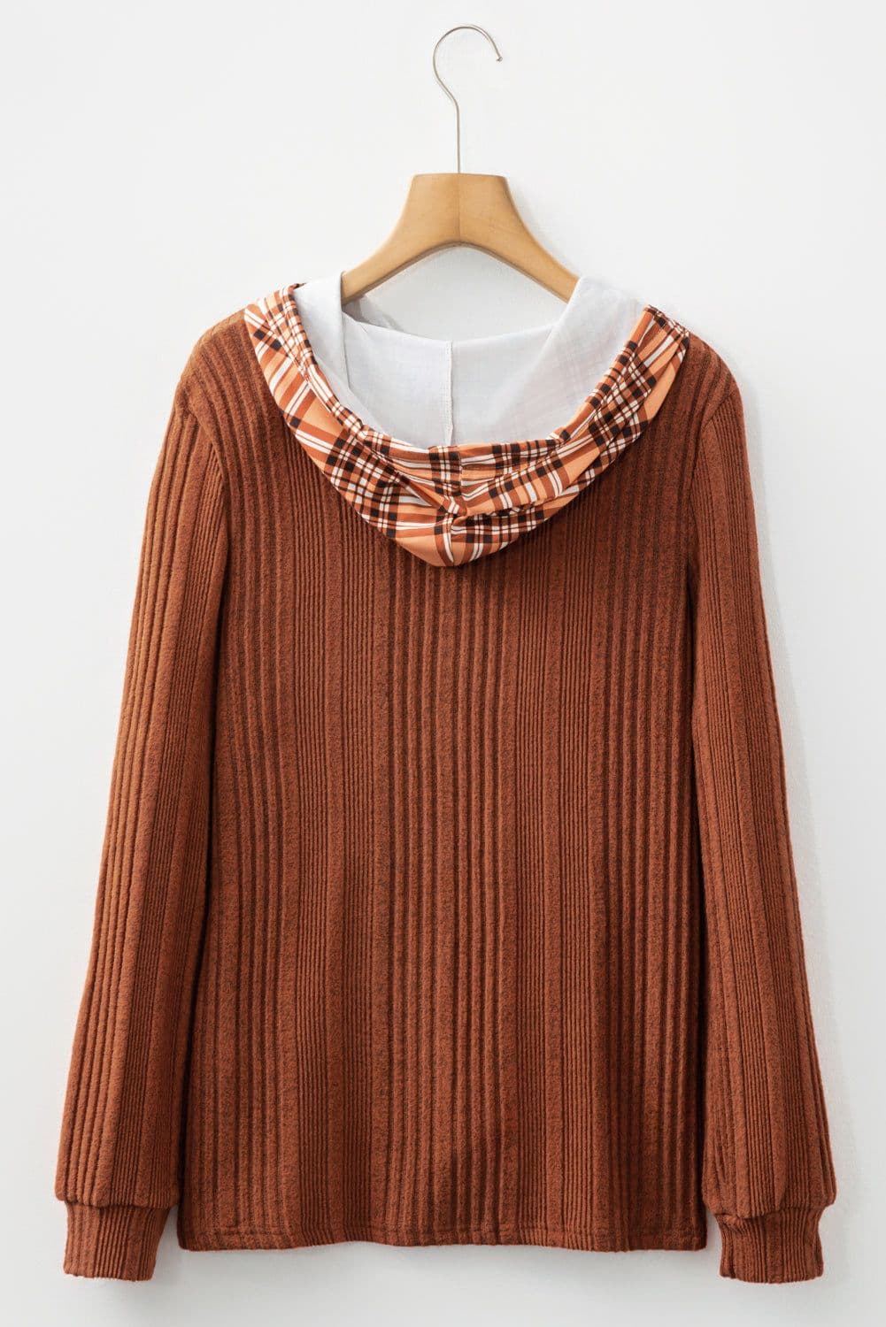 image-Chestnut Plaid Patchwork Ribbed Knit Hooded Top