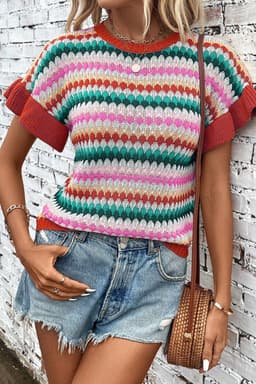 image-Fiery Red Trimmed Ruffle Sleeve Colorful Textured Sweater