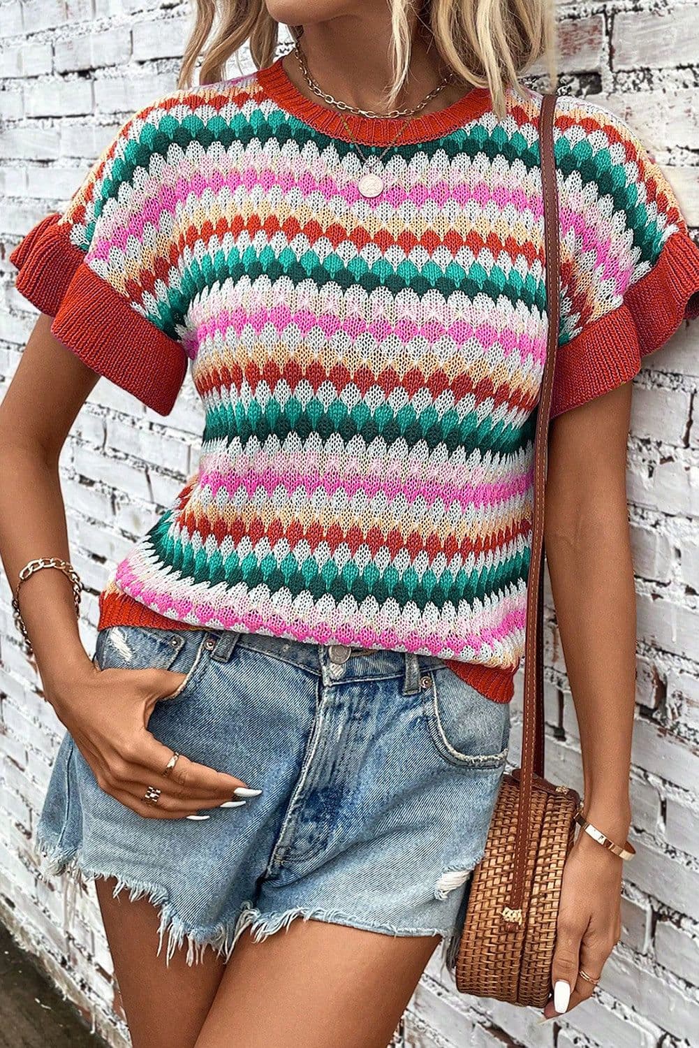 image-Fiery Red Trimmed Ruffle Sleeve Colorful Textured Sweater