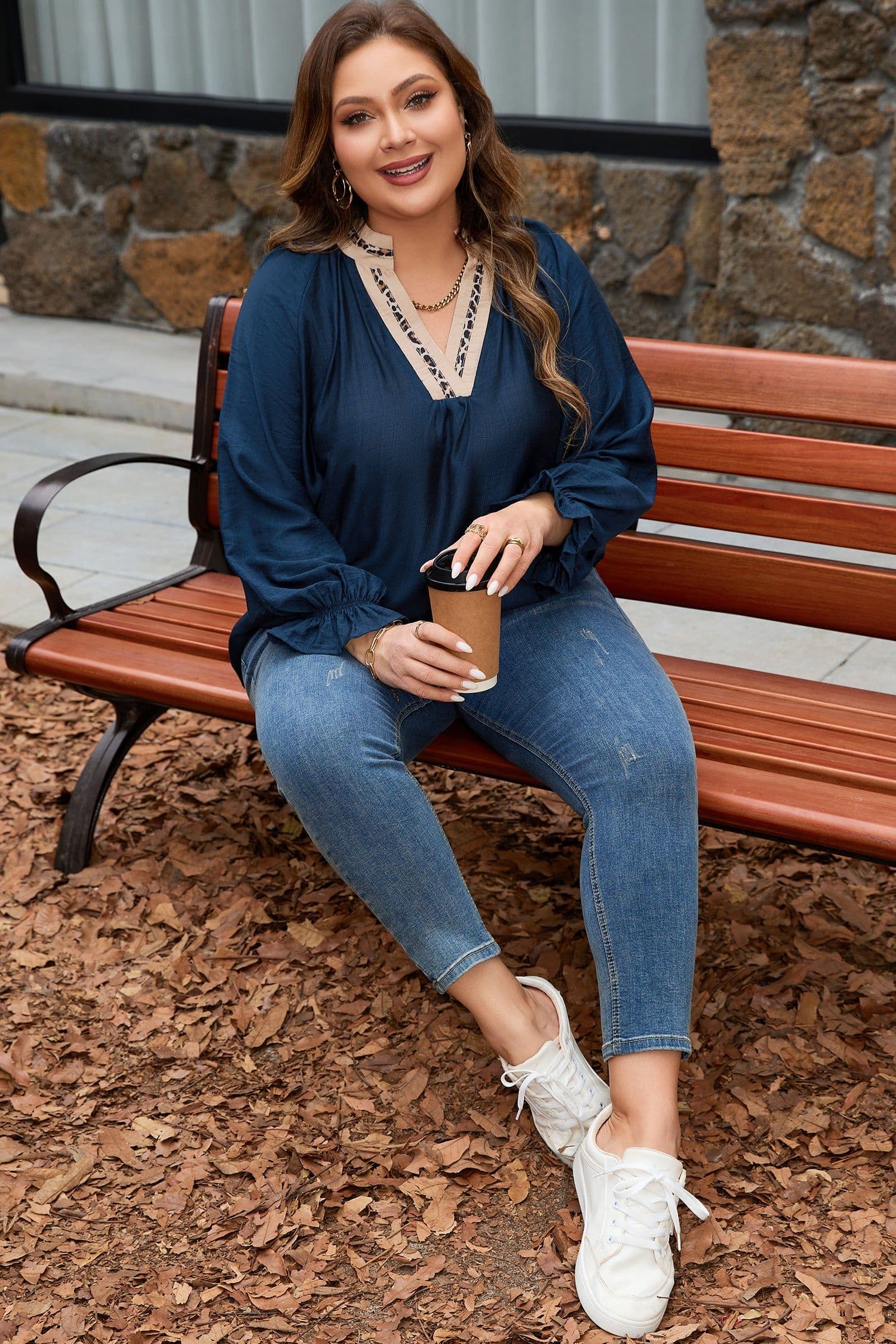 image-Navy Blue Leopard Patchwork Plus Size Blouse